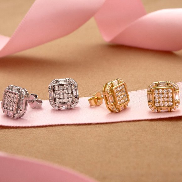 Gold CZ Stud Earrings, 14k Gold 10mm Icy Bling Square CZ Studs - Picture 8 of 9